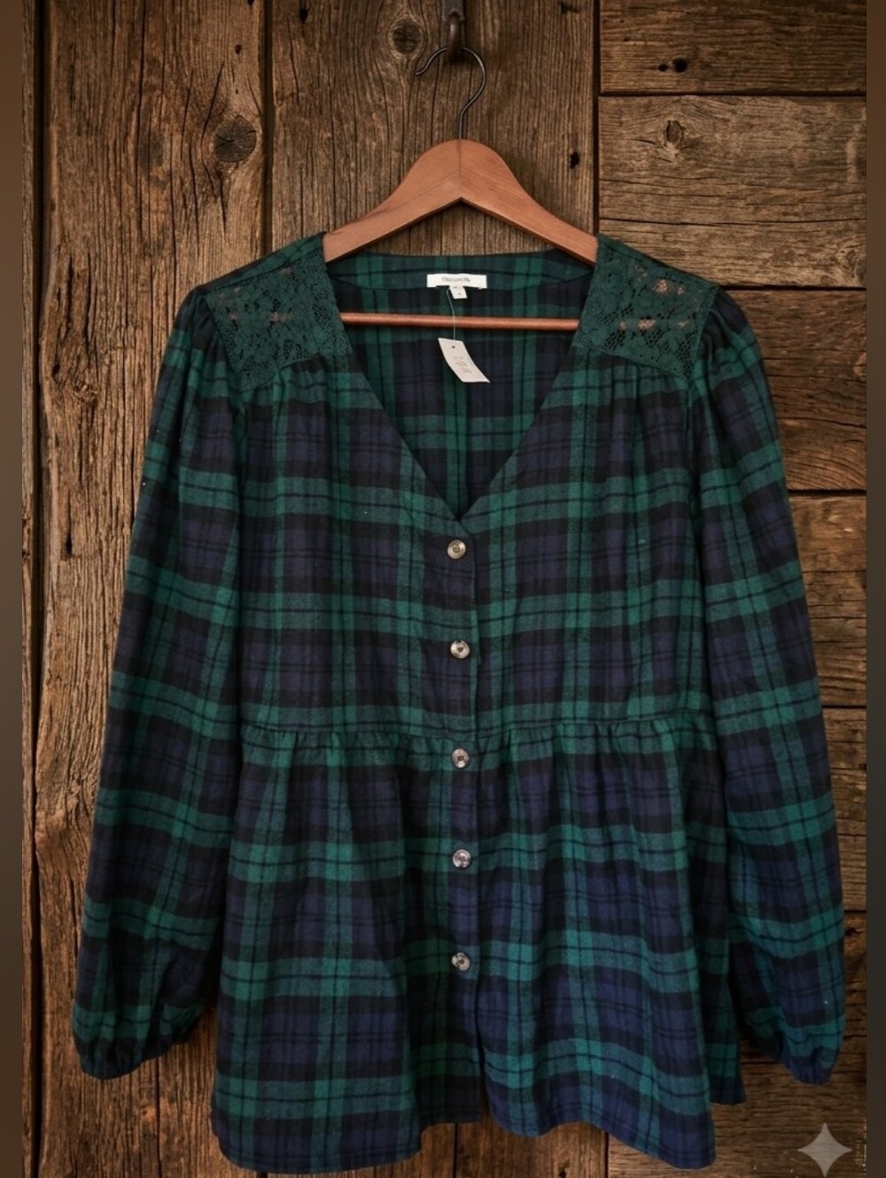 NWT Maurices Peplum Plaid Flannel Lace Button Down Top Long Sleeve Size XL